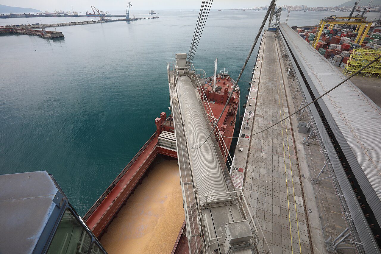 A grain cargo ship at a Russian port, illustrative image. Photo via Wikimedia.