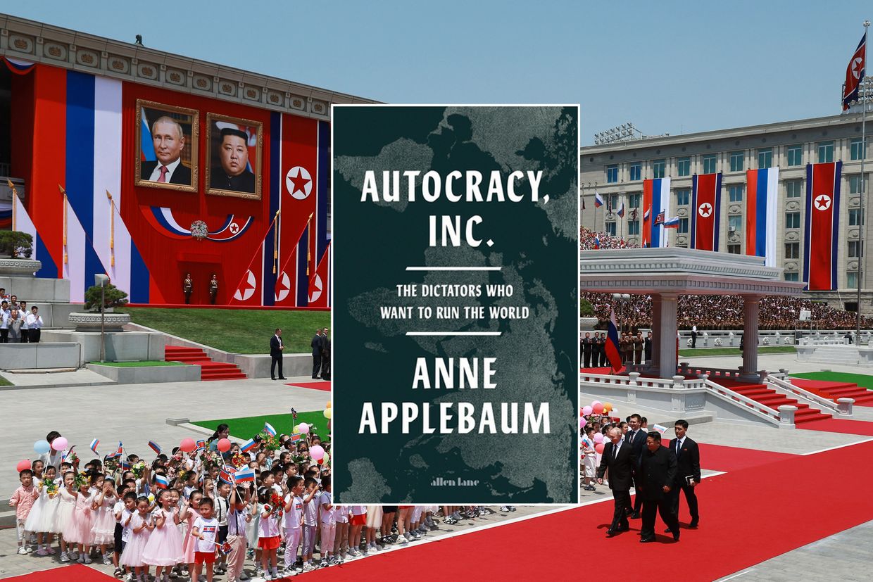 Anne Applebaum's book "Autocracy, Inc." and a photo of Kim Jong Un and Putin in Pyongyang on June 19, 2024.