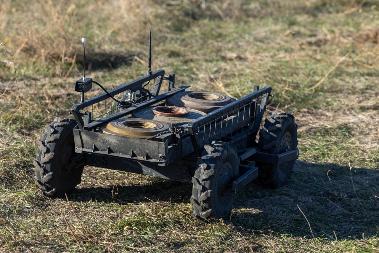 A ground drone showcasing the logistic support element which the drones can provide by transporting mines. Photo via Ukrainian Armed Forces/Facebook.