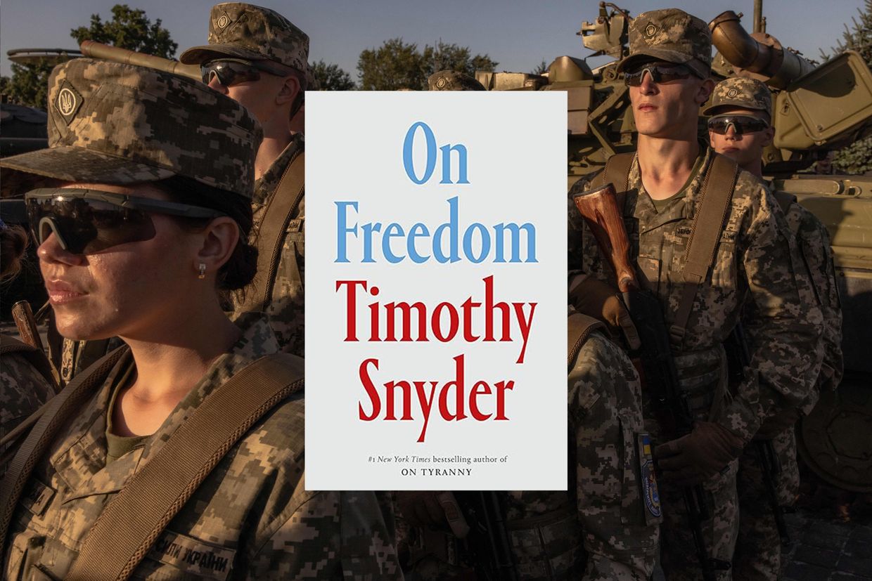 A cover of Snyder's On Freedom alongside Ukrainian cadets at a military oath ceremony in Kyiv on Sep. 8, 2023