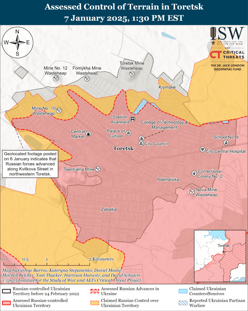 Russian forces advance in Toretsk, Donetsk Oblast.