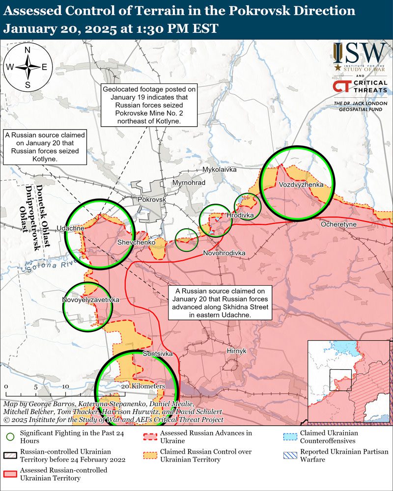 isw russian forces recently advanced near toretsk pokrovsk kurakhove donetsk oblast pokrovsk-direction-january-20-2025 has continued offensive operations all key sectors front made gains only three areas ukraine news ukrainian reports