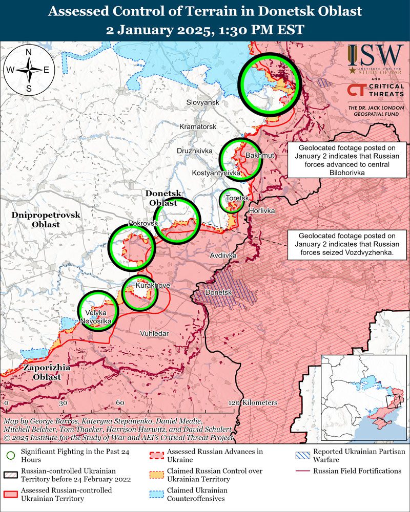 russians focus main efforts pokrovsk area military reports isw assessed-control-of-terrain-in-donetsk-oblast-january-02-2025 russian forces launch multiple attacks against ukrainian positions while attempting outflank city disrupt communications spokesperson concentrating pokrovske direction which remains