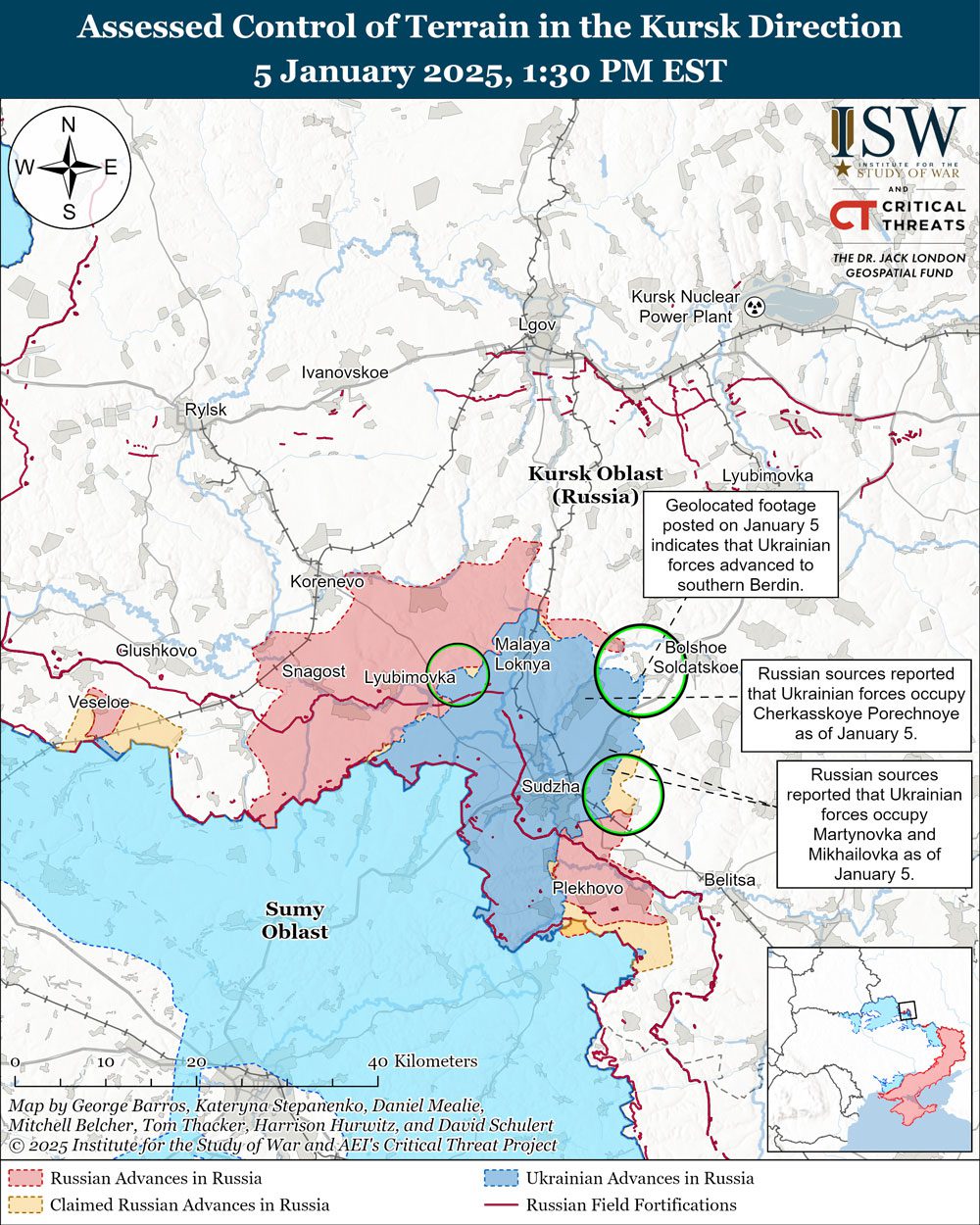 ukrainian forces enter multiple settlements kursk oblast isw says berdin-cherkasskoye-porechnoye-martynovka-and-mikhaylovka-northeast-of-sudzha-kursk launched renewed offensives russia's 5 achieving tactical advances several areas institute study war (isw) meanwhile russians counterattacked response assaults ukraine