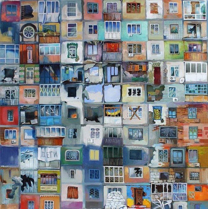 A painting by Anastasia Grygoryeva of 100 different windows and front doors, des