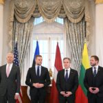 (L-R) Latvian Foreign Minister Krisjanis Karins, US Secretary Antony Blinken, and others meet at the State Department in D.C.