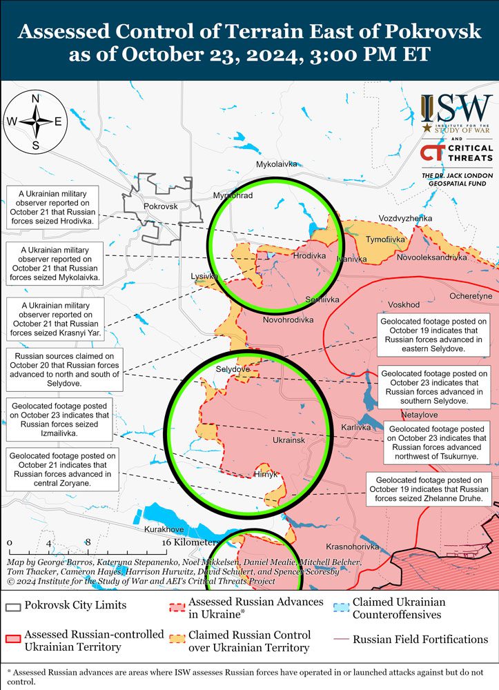 isw russian troops advance northeastern selydove while main objective stalls map east-of-pokrovsk-battle-map-draft-october-23-2024