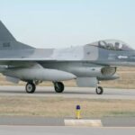 An F-16 fighter jet at Romania's 86th military air base