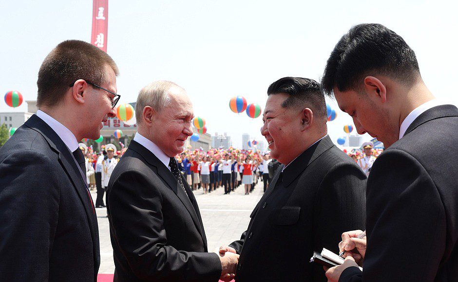 russians search 18 north korean deserters near ukraine's border ukrainian intel says russian ruler vladimir putin's official meeting kim jong-un chairman state affairs korea 19 june 2024 kremlinru putin jong