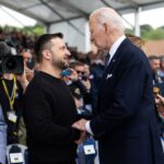 zelenskyy and biden during the commemoration of the anniversary of the Allied landings in Normandy