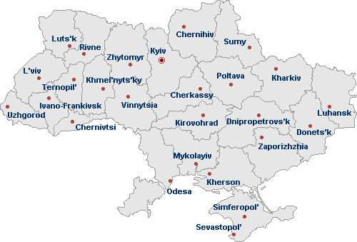 Ukrainian oblasts (regions) map.